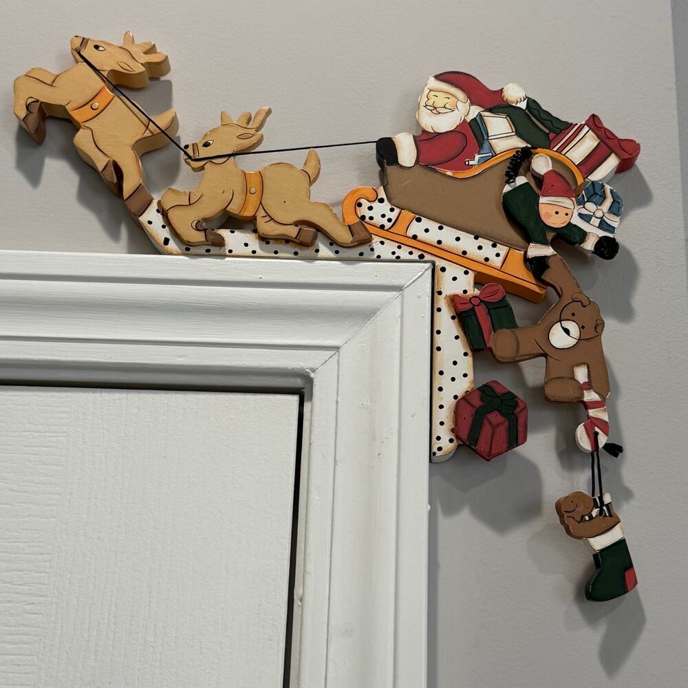 Wooden Christmas Door Corner Decoration Vtg 2000 ABC Distibuting Santa Sleigh